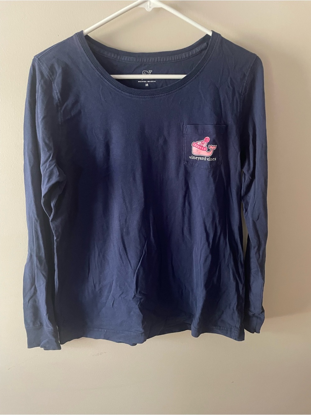 Vineyard Vines Navy Long Sleeve Tee with Pink Whale Pocket Logo